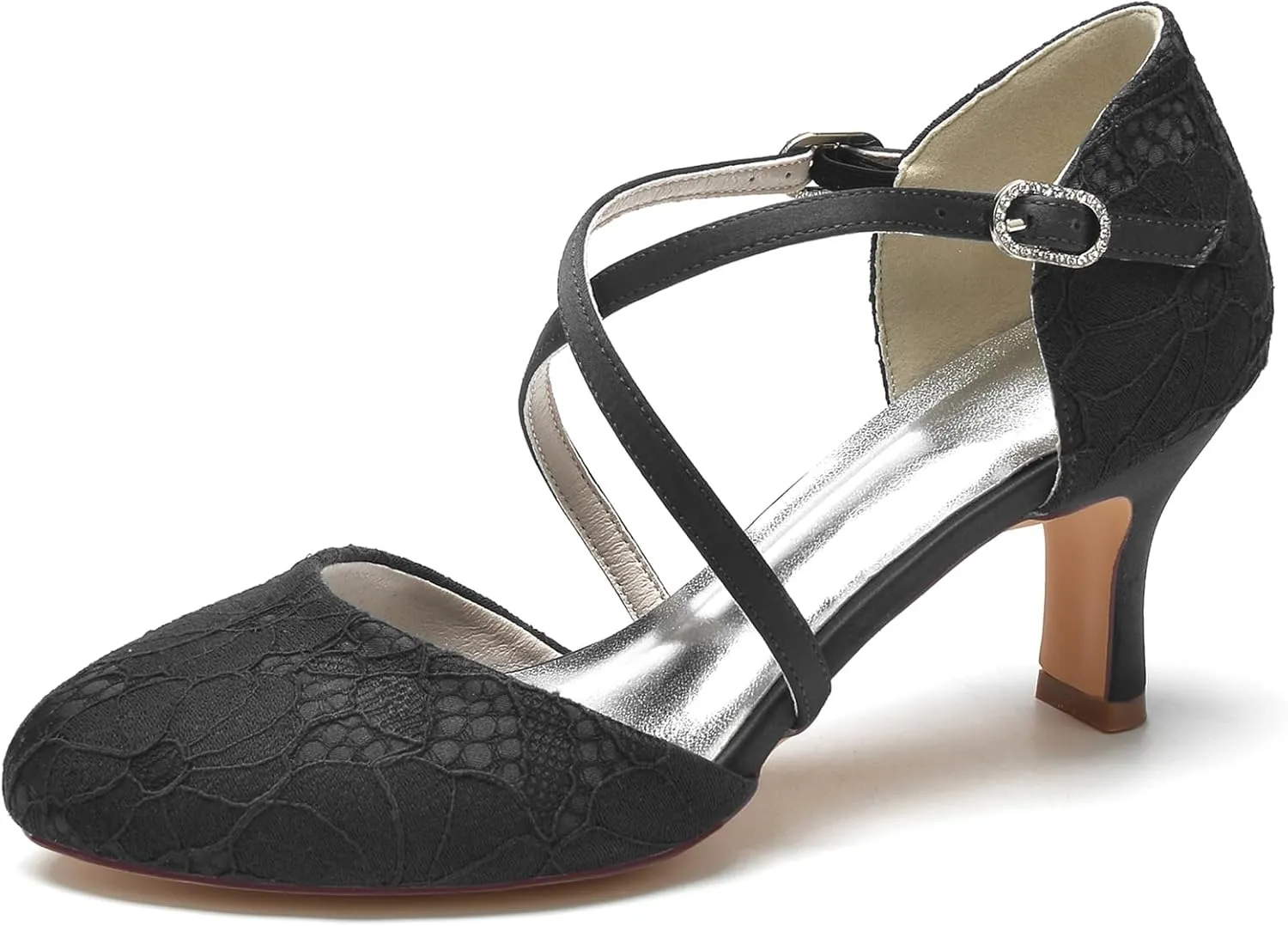 Roimaash Vintage Flower Satin Wedding Pumps Round Toe Criss Cross