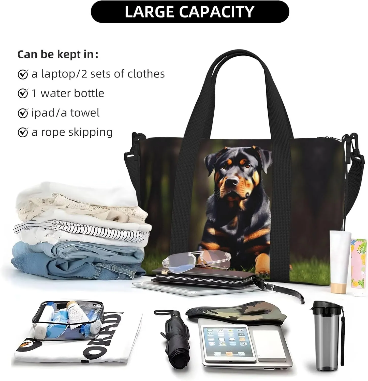 Rottweiler Wallpaper Women Travel Duffel Bag, Large Weekender Carry-On Tote, Gym Workout Bag,Mommy Hospital Bag