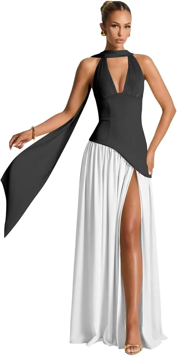 RSOETOO Scarf Bridesmaid Dresses for Women 2025 Satin Long V Neck Drop Waist Maxi Prom Dress RO308