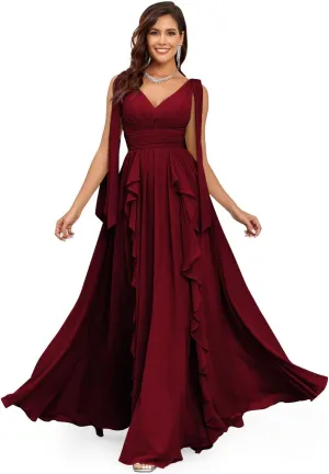 Ruffle Bridesmaid Dresses for Women Long V Neck Chiffon Ruched Flowy Formal Dress for Wedding