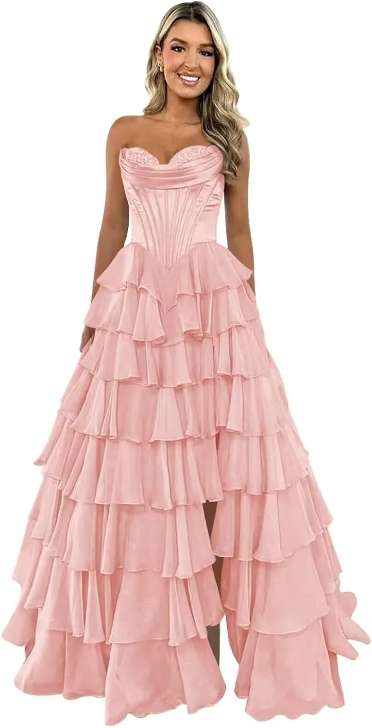 Ruffle Prom Dress Corset Tiered 2025 Strapless Long Chiffon Formal Evening Gown with Slit