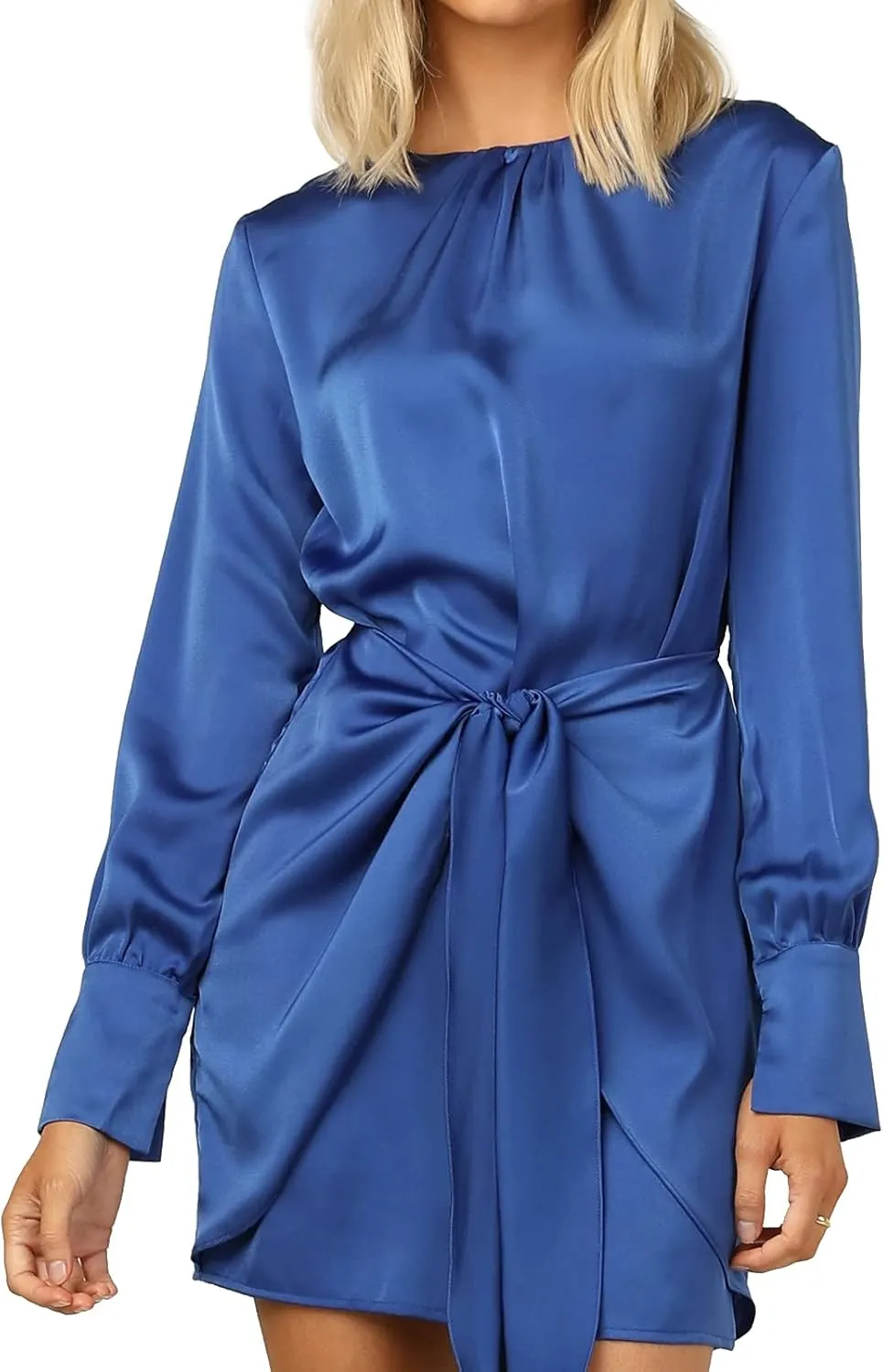R.Vivimos Women's Satin Dress Long Sleeve Casual Wrap Ruched Tie Waist Party Mini Dress