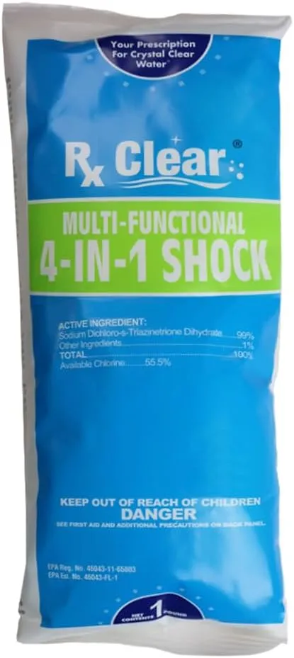 Rx Clear Multi-Functional 4-in-1 Swimming Pool Shock | 99% Sodium Dichloro-s-Triazinetrione Dihydrate | Kills Bacteria and Algae | One-Pound Bags | 6-Pack