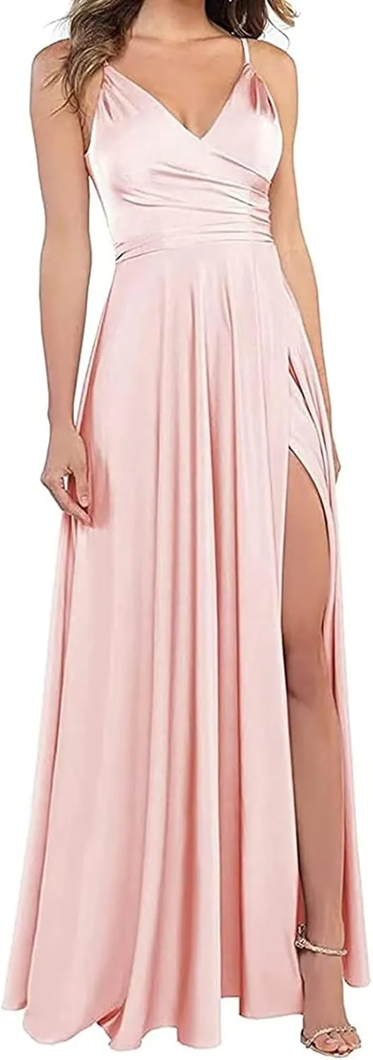 RYANTH Women's Satin Bridesmaid Dresses for Wedding Dress Formal Long A Line Prom Party Gowns with Pockets RYZ054
