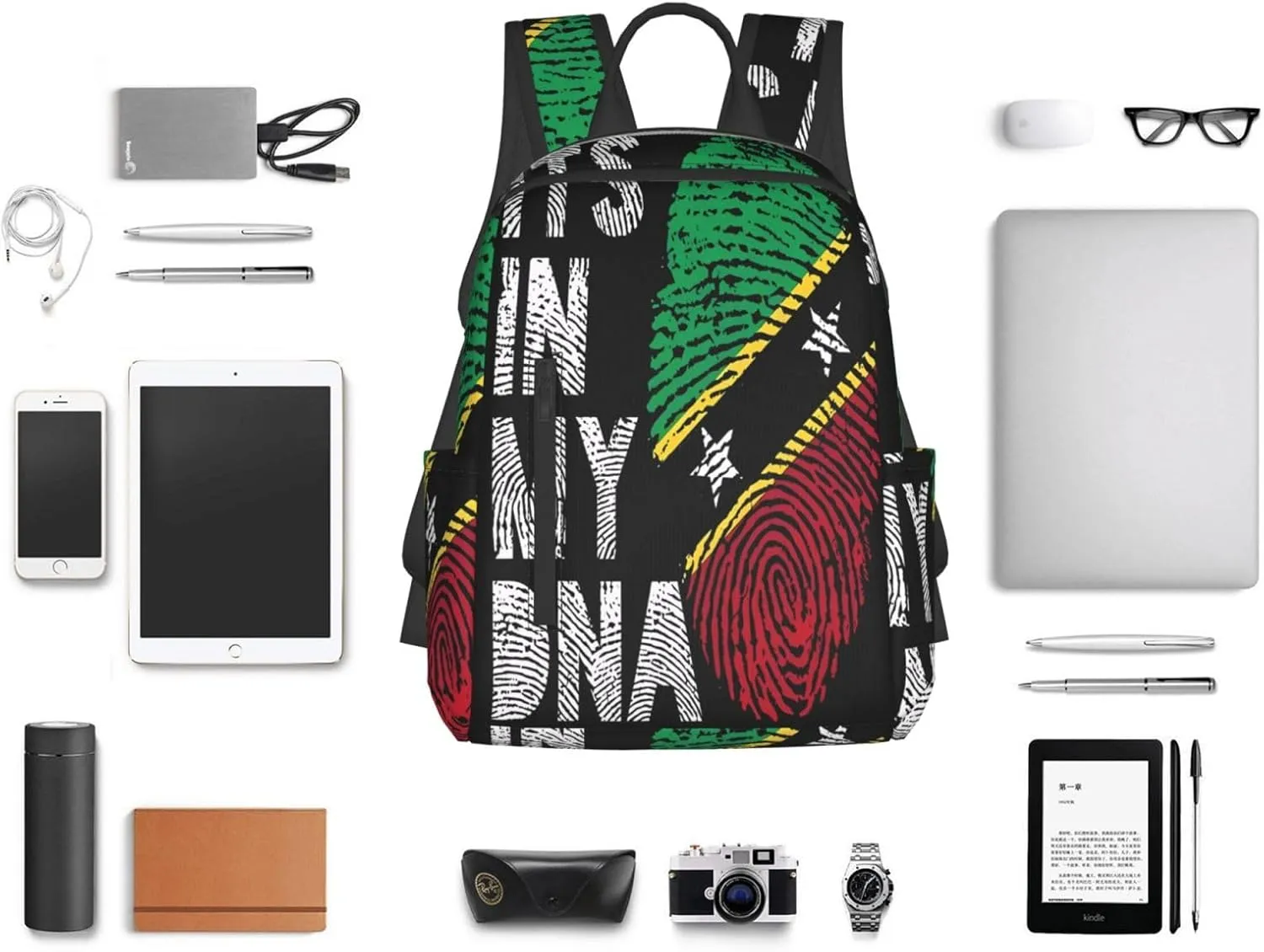 Saint Kitts Nevis Roots Flag Fingers Casual Laptop Backpack Travel Rucksack Sports Daypack Adjustable Strap Bags with Multi-Pockets for Working Running Camping