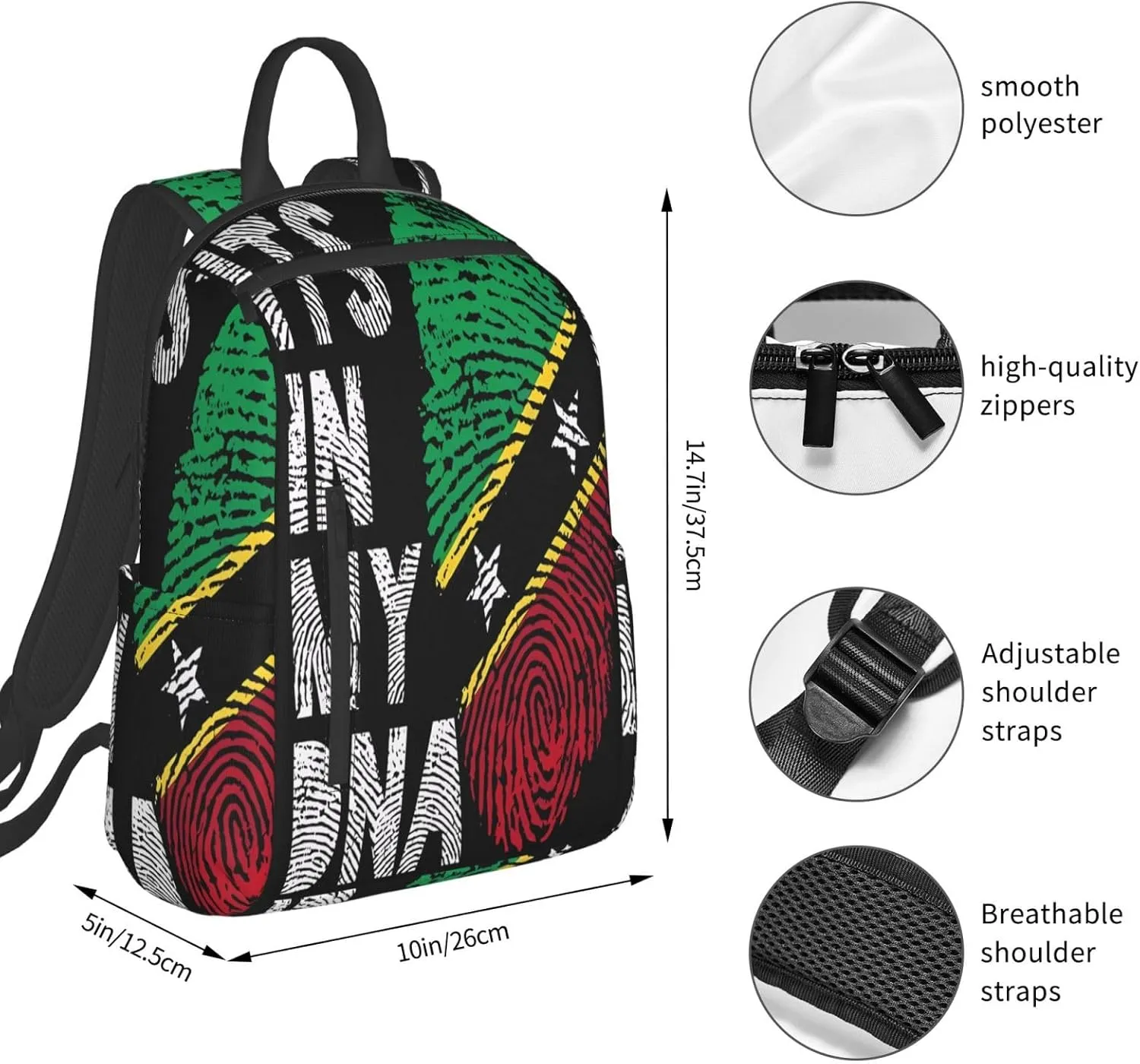 Saint Kitts Nevis Roots Flag Fingers Casual Laptop Backpack Travel Rucksack Sports Daypack Adjustable Strap Bags with Multi-Pockets for Working Running Camping