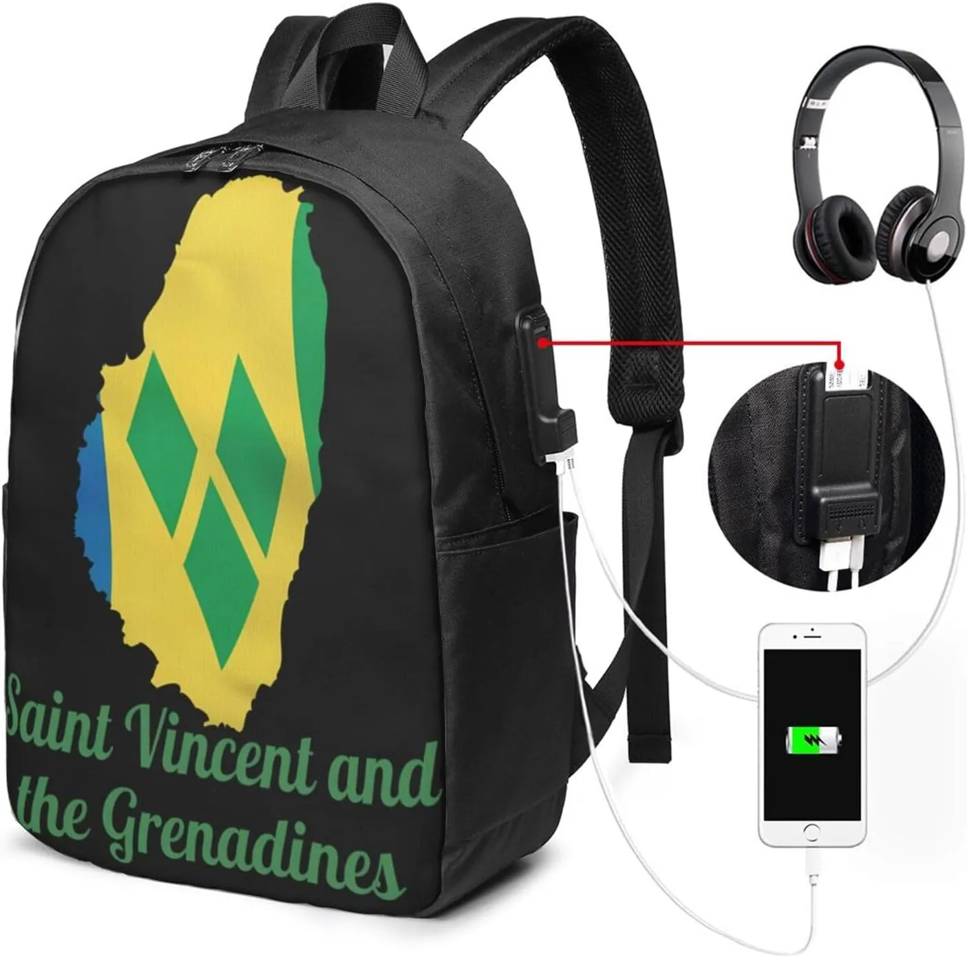 Saint Vincent and the Grenadines Map Flag Laptop Backpacks Travel Backpack Casual Business Daypack Sport Rucksack Computer Bag Fits up to 17 Inch Notebook with USB Port