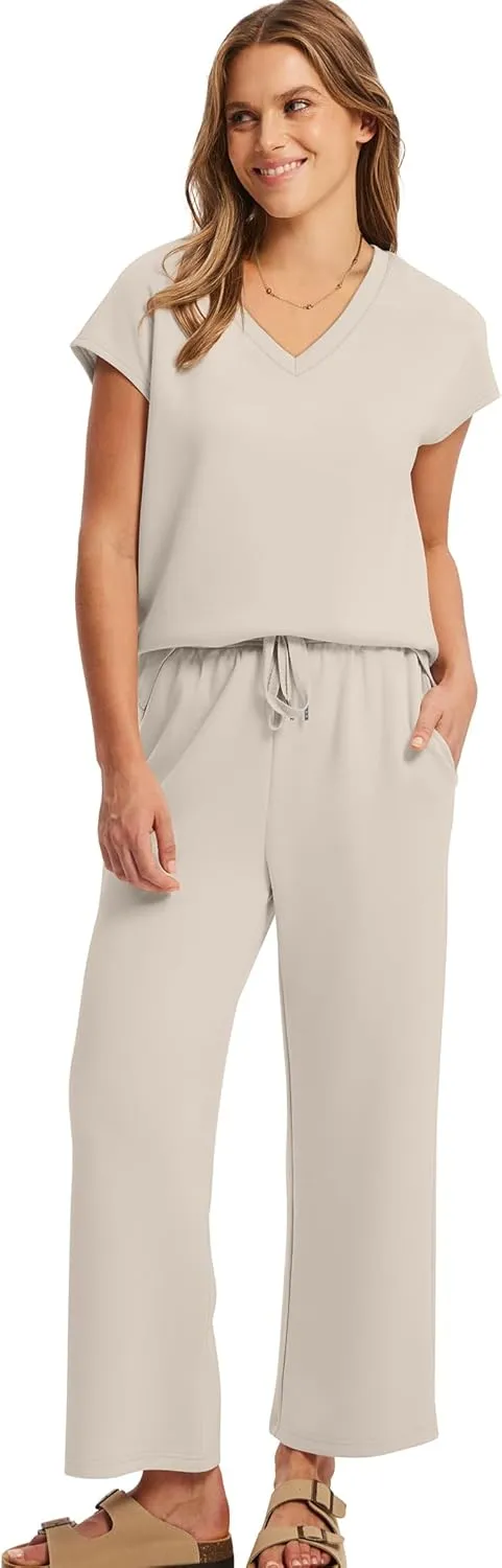 Saloogoe Two Piece Sets for Women Summer Outfits Lounge Sets V Neck Tops Wide Leg Pants Woman Vacation Travel Outfits