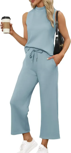SAMPEEL Two Piece Sets for Women Summer Outfits Lounge Sets Mock Neck Tops Wide Leg Crop Pants Vacation Travel Outfits