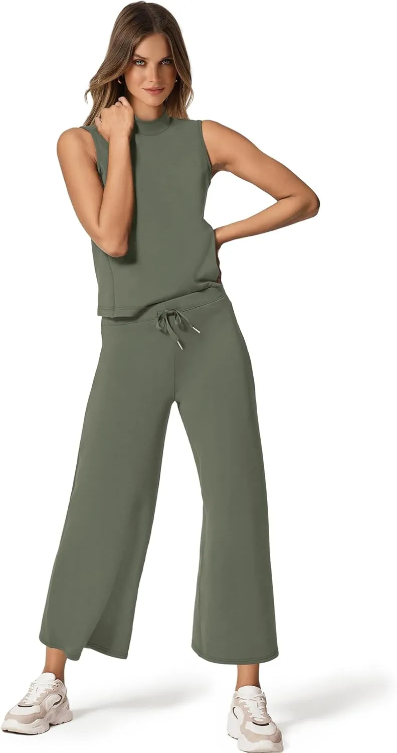 SAMPEEL Two Piece Sets for Women Summer Outfits Lounge Sets Mock Neck Tops Wide Leg Crop Pants Vacation Travel Outfits
