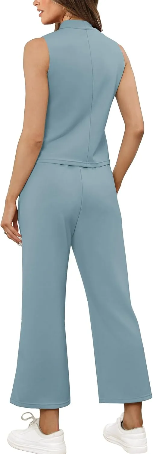 SAMPEEL Two Piece Sets for Women Summer Outfits Lounge Sets Mock Neck Tops Wide Leg Crop Pants Vacation Travel Outfits