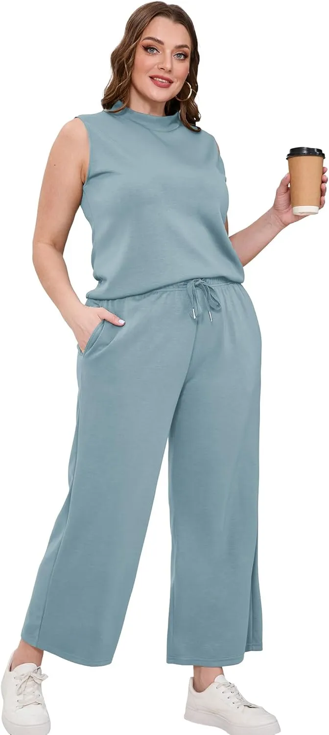 SAMPEEL Two Piece Sets for Women Summer Outfits Lounge Sets Mock Neck Tops Wide Leg Crop Pants Vacation Travel Outfits