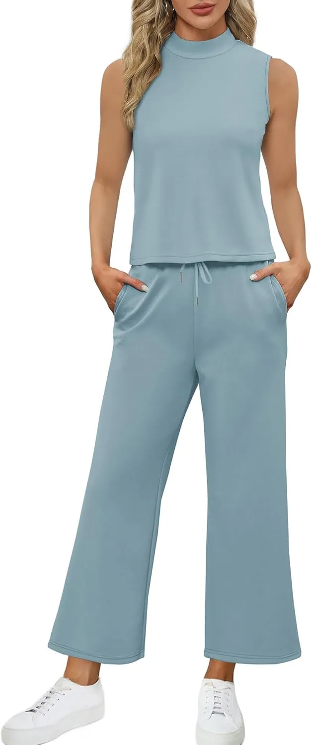 SAMPEEL Two Piece Sets for Women Summer Outfits Lounge Sets Mock Neck Tops Wide Leg Crop Pants Vacation Travel Outfits