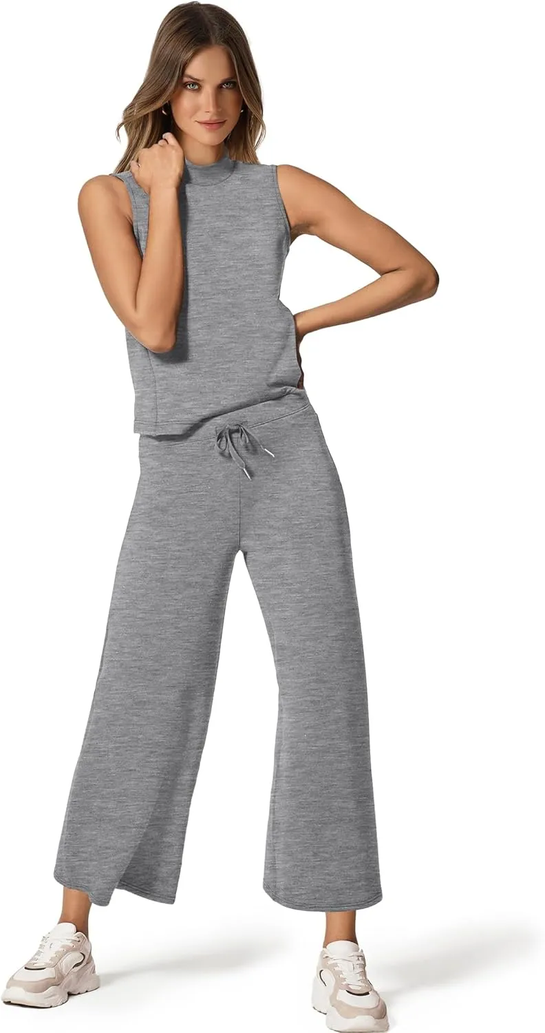 SAMPEEL Two Piece Sets for Women Summer Outfits Lounge Sets Mock Neck Tops Wide Leg Crop Pants Vacation Travel Outfits