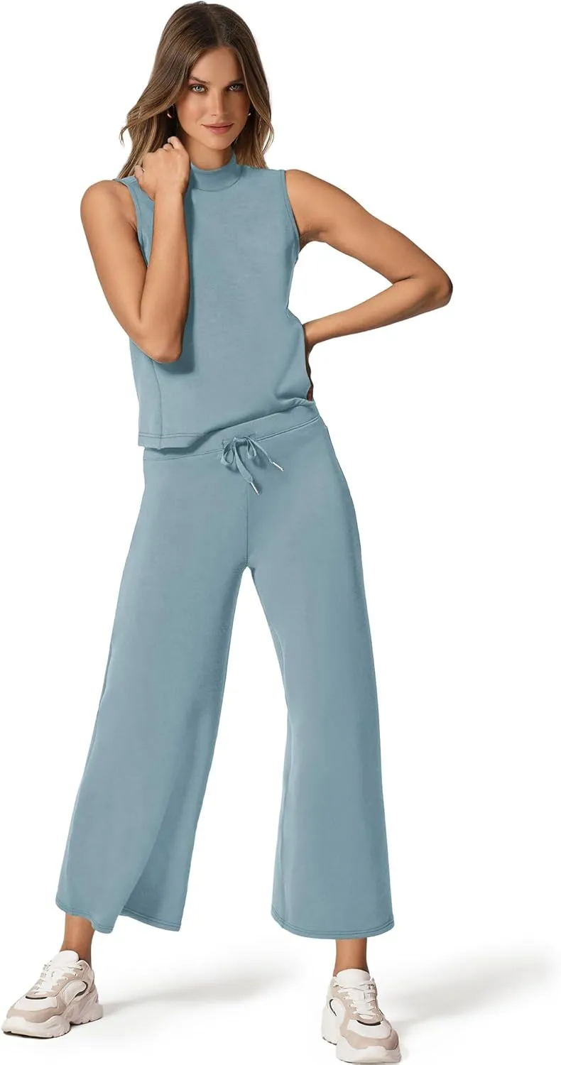 SAMPEEL Two Piece Sets for Women Summer Outfits Lounge Sets Mock Neck Tops Wide Leg Crop Pants Vacation Travel Outfits