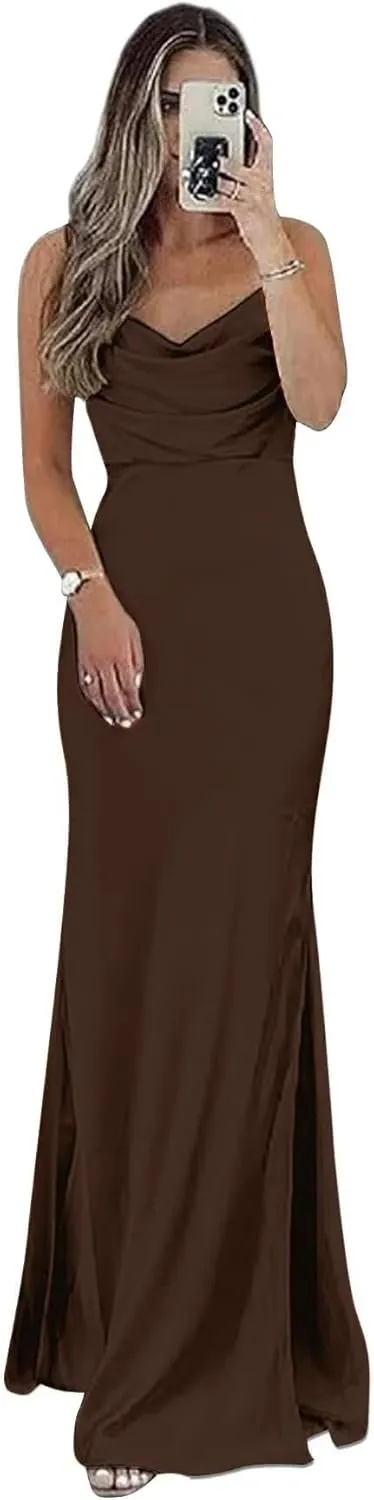 Satin Bridesmaid Dress for Women Spaghetti Straps Slit Prom Dress Formal