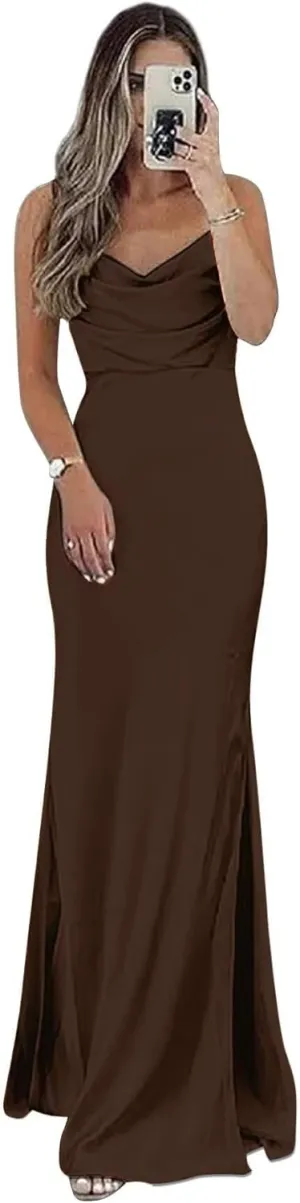 Satin Bridesmaid Dress for Women Spaghetti Straps Slit Prom Dress Formal
