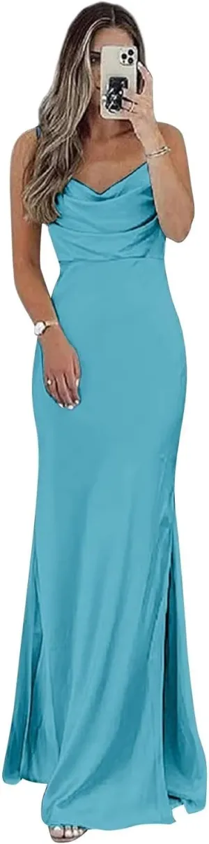 Satin Bridesmaid Dress for Women Spaghetti Straps Slit Prom Dress Formal