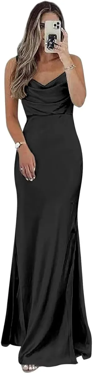 Satin Bridesmaid Dress for Women Spaghetti Straps Slit Prom Dress Formal