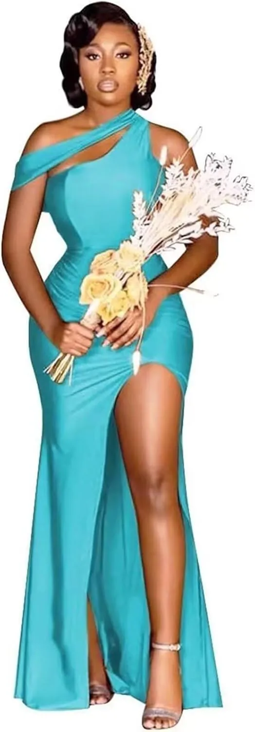 Satin Bridesmaid Dresses for Women Long Mermaid Formal Dresses Ruched One Shoulder Prom Gowns with Slit XB001
