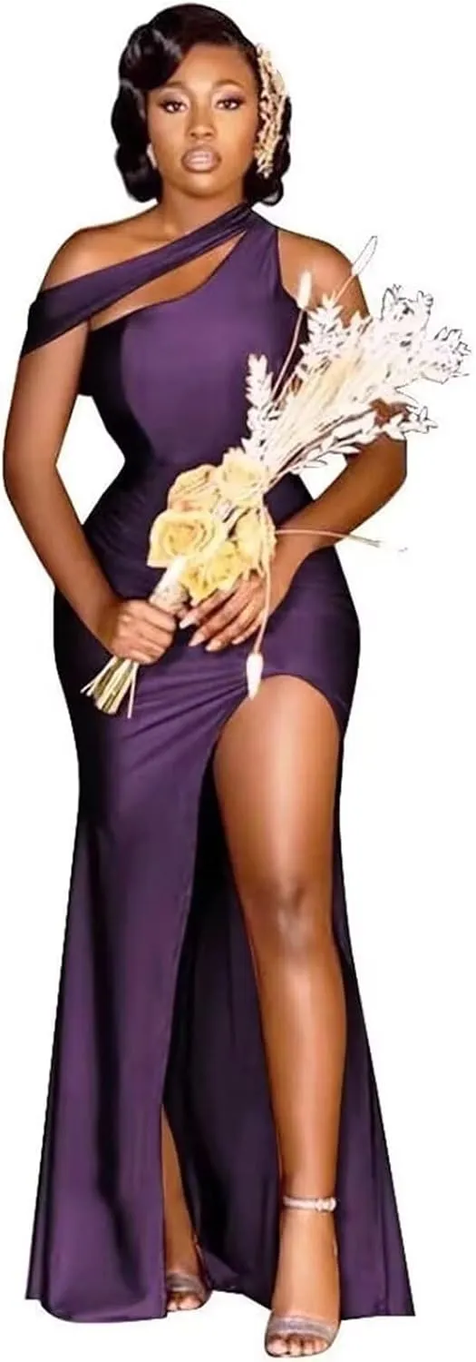 Satin Bridesmaid Dresses for Women Long Mermaid Formal Dresses Ruched One Shoulder Prom Gowns with Slit XB001