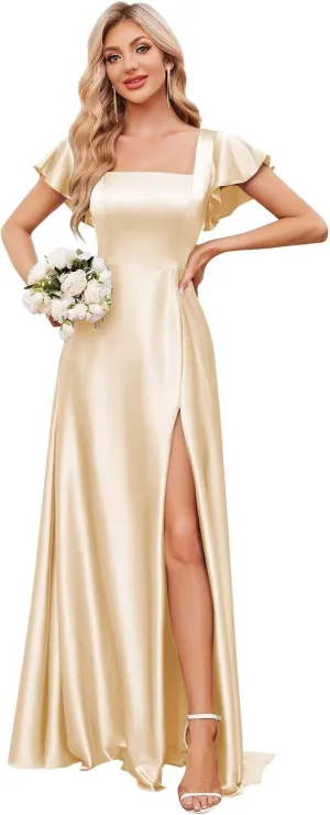 Satin Bridesmaid Dresses with Slit Square Neck Prom Dress Flutter Sleeve A Line Formal Evening Gowns for Women
