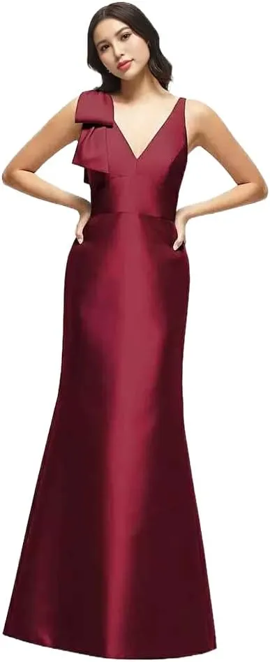 Satin Bridesmaids Dresses one Shoulder deep v-Back Womens Wedding Guest Dress with Cascading Bow