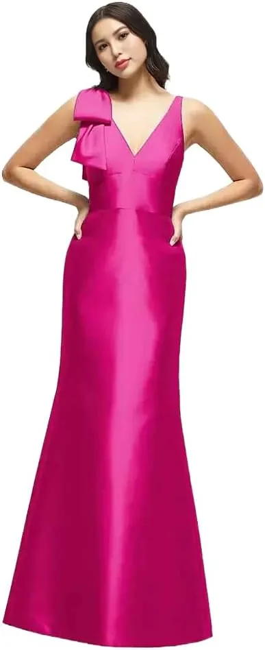 Satin Bridesmaids Dresses one Shoulder deep v-Back Womens Wedding Guest Dress with Cascading Bow
