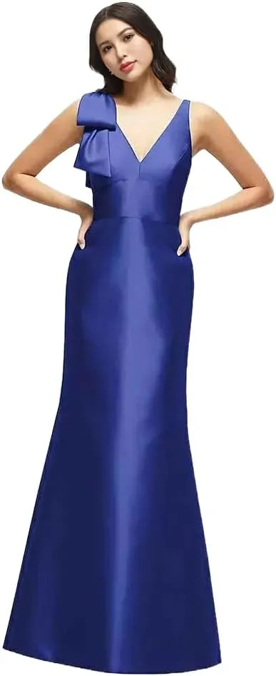 Satin Bridesmaids Dresses one Shoulder deep v-Back Womens Wedding Guest Dress with Cascading Bow
