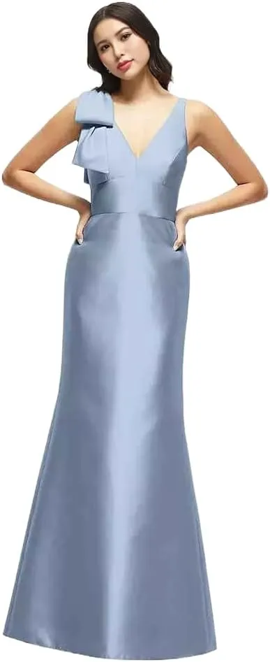 Satin Bridesmaids Dresses one Shoulder deep v-Back Womens Wedding Guest Dress with Cascading Bow