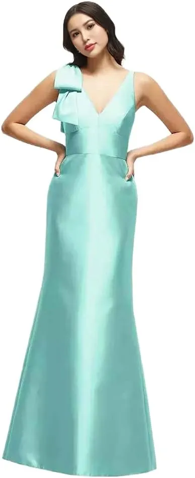 Satin Bridesmaids Dresses one Shoulder deep v-Back Womens Wedding Guest Dress with Cascading Bow