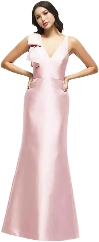 Satin Bridesmaids Dresses one Shoulder deep v-Back Womens Wedding Guest Dress with Cascading Bow
