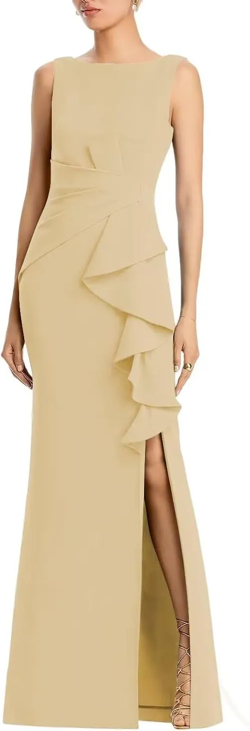 Satin Mermaid Mother of The Bride Dresses Sleeveless Ruched Long Slit Formal Dresses Bodycon Cocktail Gowns XOD0366