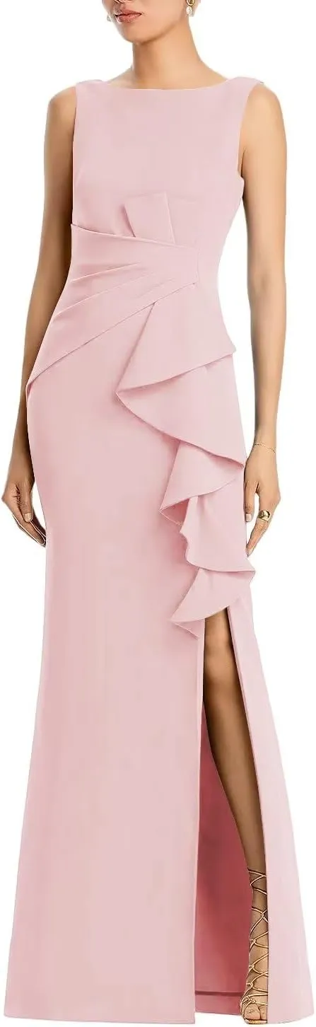 Satin Mermaid Mother of The Bride Dresses Sleeveless Ruched Long Slit Formal Dresses Bodycon Cocktail Gowns XOD0366