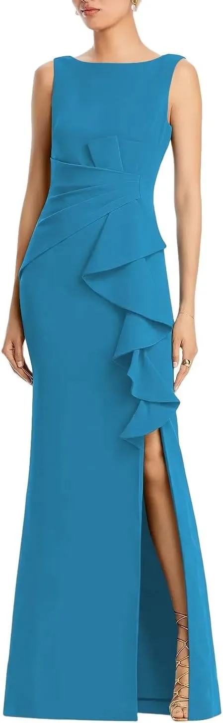 Satin Mermaid Mother of The Bride Dresses Sleeveless Ruched Long Slit Formal Dresses Bodycon Cocktail Gowns XOD0366