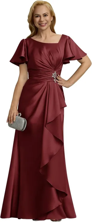 Satin Mother of The Bride Dresses 2025 Short Sleeves Ruched Long Formal Gown Wedding Guest Dress
