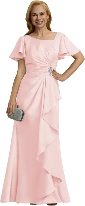 Satin Mother of The Bride Dresses 2025 Short Sleeves Ruched Long Formal Gown Wedding Guest Dress
