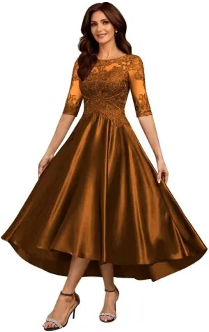 Satin Mother of The Bride Dresses for Wedding 3/4 Sleeves Scoop Neck Formal Evening Gown for Women