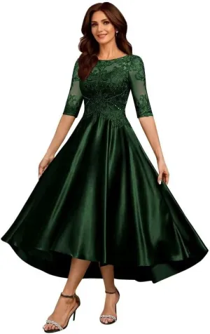 Satin Mother of The Bride Dresses for Wedding 3/4 Sleeves Scoop Neck Formal Evening Gown for Women