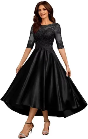Satin Mother of The Bride Dresses for Wedding 3/4 Sleeves Scoop Neck Formal Evening Gown for Women