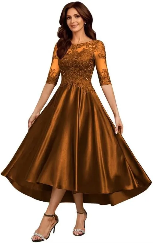 Satin Mother of The Bride Dresses for Wedding 3/4 Sleeves Scoop Neck Formal Evening Gown for Women