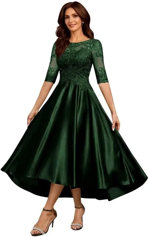 Satin Mother of The Bride Dresses for Wedding 3/4 Sleeves Scoop Neck Formal Evening Gown for Women