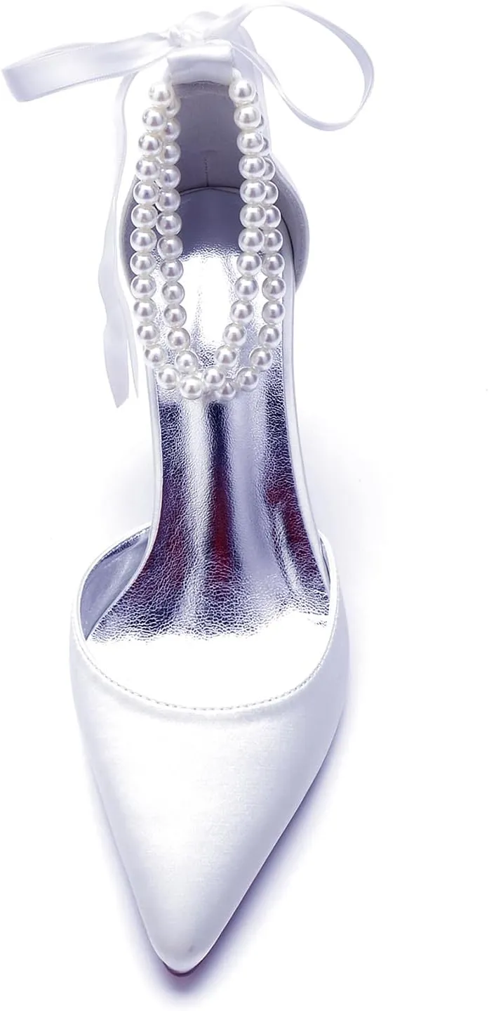 Satin Pointed Toe Wedding Heels 9CM Pearl Ankle Buckle Block Shoes Bridal Pumps Bowknot Strap Sandals Evening Party Dress Slip-On