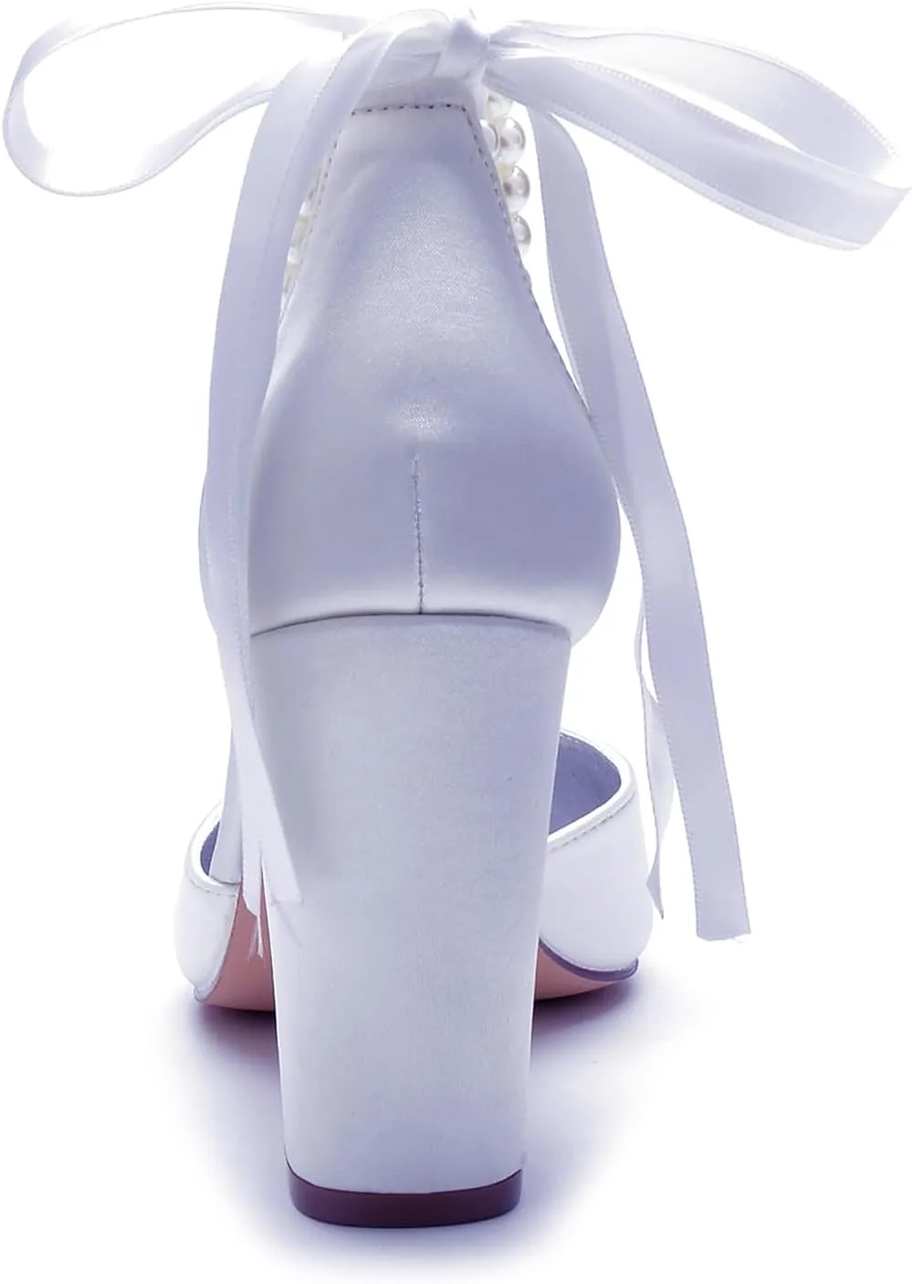 Satin Pointed Toe Wedding Heels 9CM Pearl Ankle Buckle Block Shoes Bridal Pumps Bowknot Strap Sandals Evening Party Dress Slip-On
