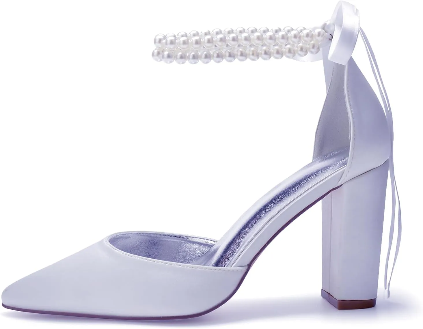 Satin Pointed Toe Wedding Heels 9CM Pearl Ankle Buckle Block Shoes Bridal Pumps Bowknot Strap Sandals Evening Party Dress Slip-On