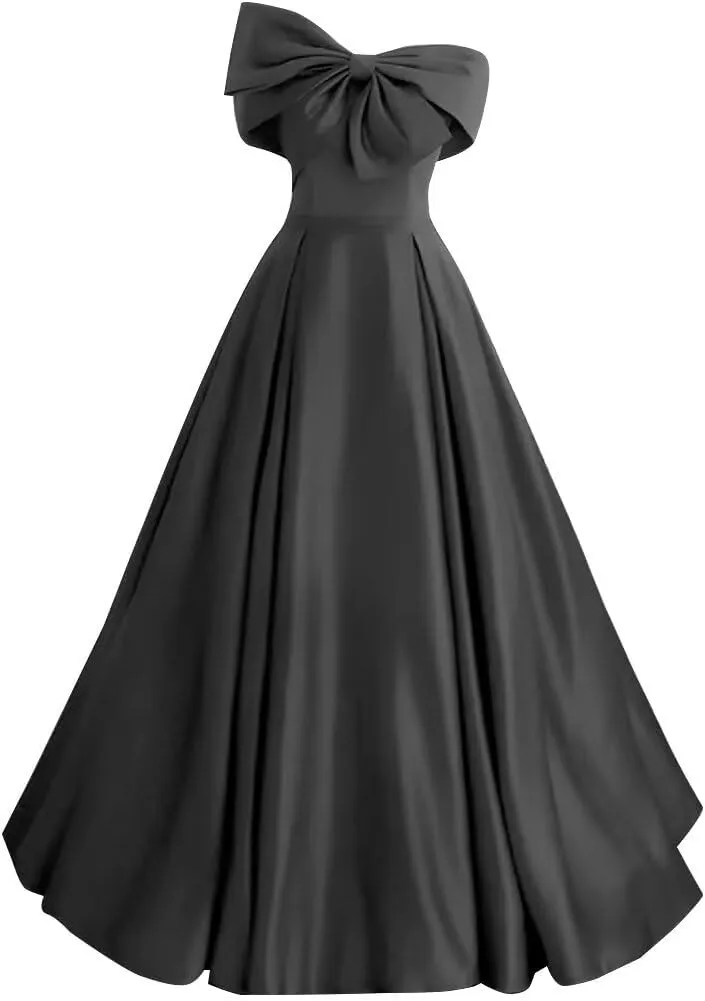 Satin Prom Dresses Bowknot Satin Ball Gowns for Women Elegant A Line Wedding Dress Evening Gown with Pockets