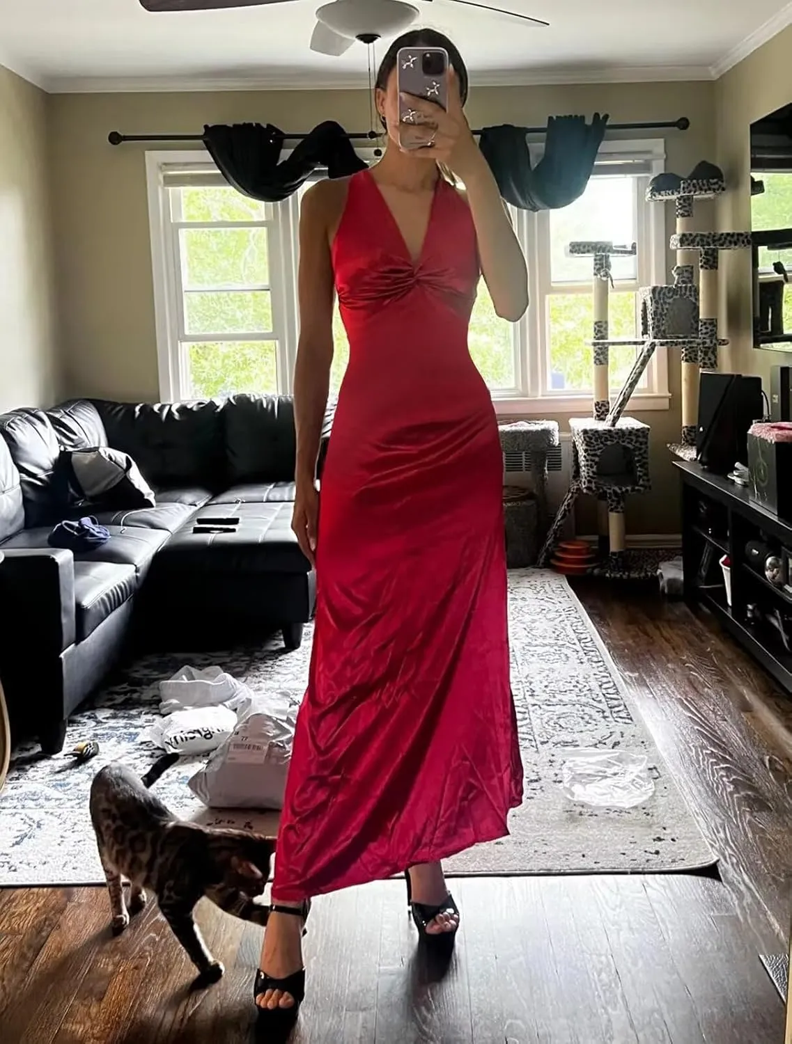 Satin Prom Dresses for Women V-Neck Halter Ruched Long Formal Wedding Guest Dress