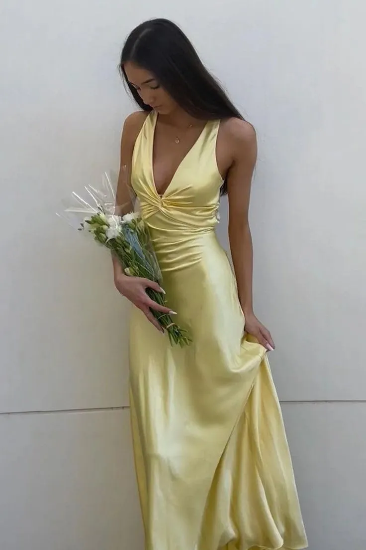 Satin Prom Dresses for Women V-Neck Halter Ruched Long Formal Wedding Guest Dress