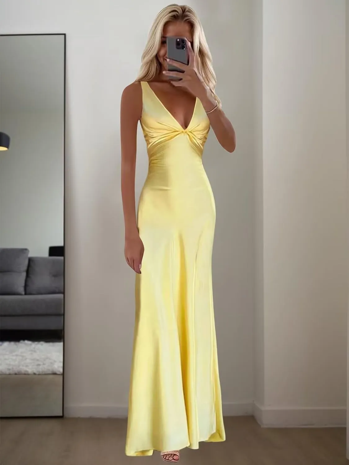 Satin Prom Dresses for Women V-Neck Halter Ruched Long Formal Wedding Guest Dress