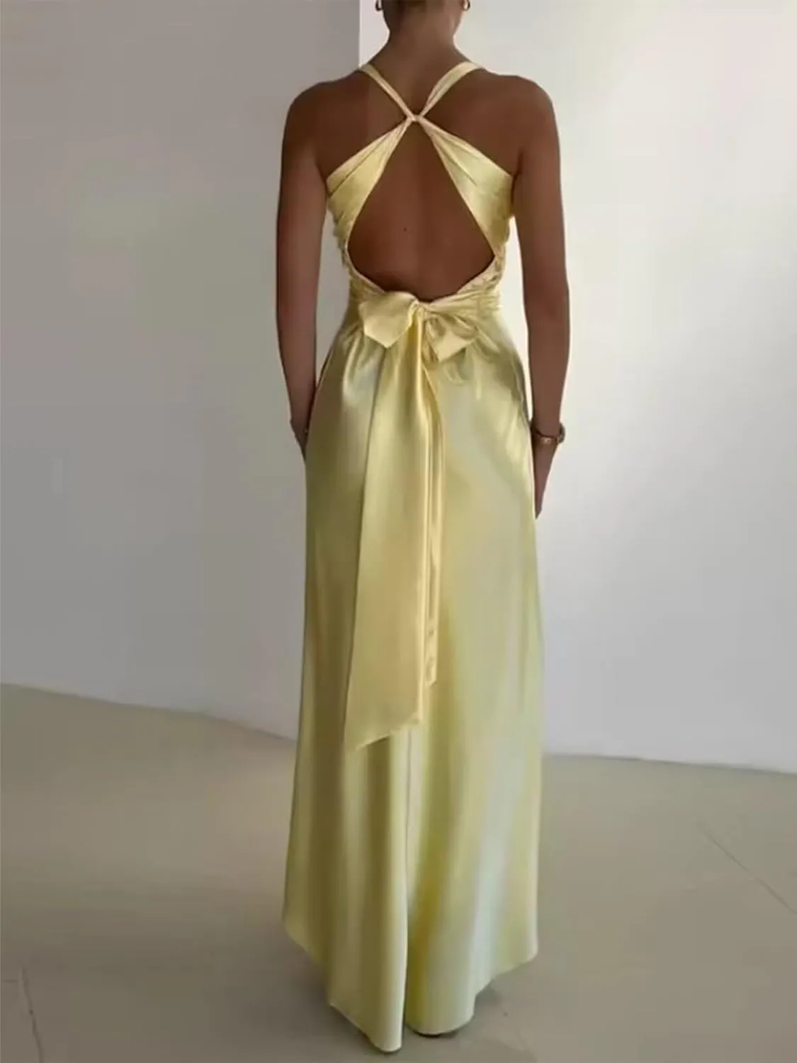 Satin Prom Dresses for Women V-Neck Halter Ruched Long Formal Wedding Guest Dress